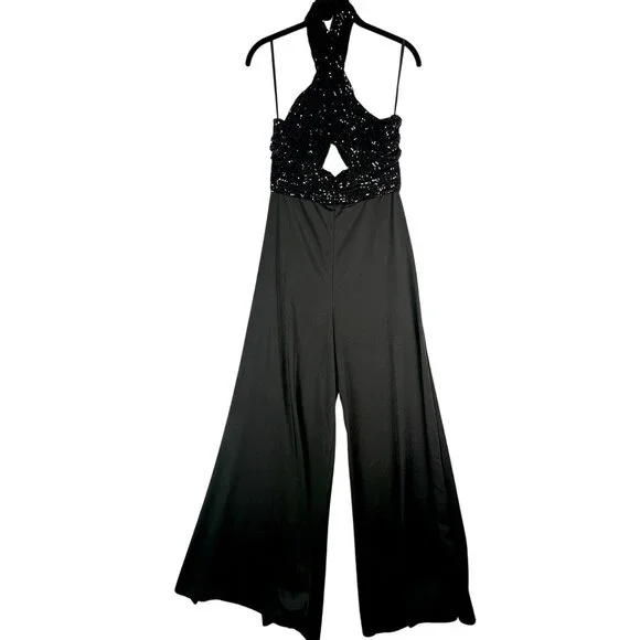 Mac Duggal Sequin Bodice Halter Wide Leg Formal Jumpsuit Open Back Size 6 NWT